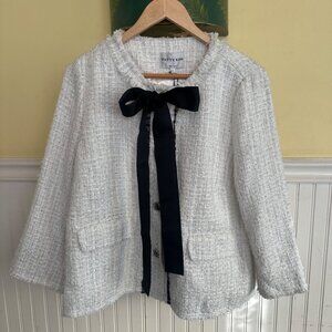 Patty Kim Madeline Jacket White Tweed Large With Black Ribbon Bow Accent